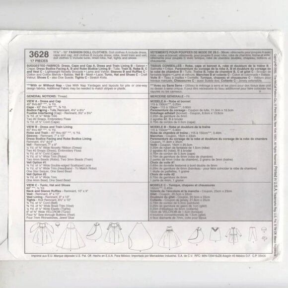 McCall's 3628 Fashion Doll Gowns Costumes Sewing Pattern - Picture 4 of 4